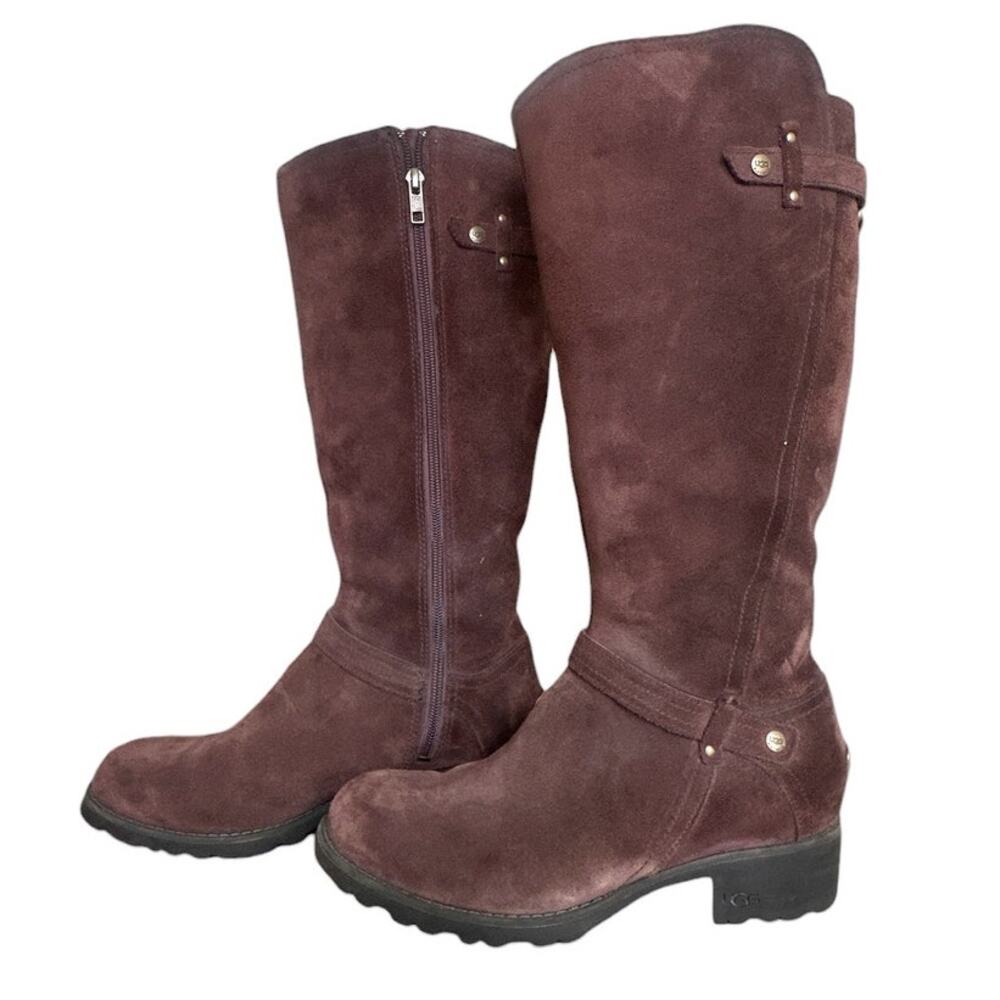 UGG Jillian Knee High Harness Boots Chocolate Brown Suede Block Heel Women's 8.5